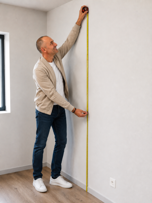 Fabrice PONS, mandataire immobilier IAD France, mesure un mur au mètre ruban à Boutigny-sur-Essonne